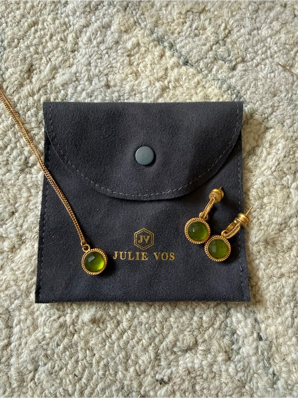 Julie Vos Gold-Tone Necklace and Green Glass Drop Earrings